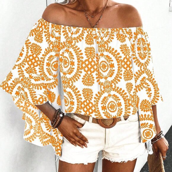 Tops - Yellow Boho Women's Holiday Leisure Vintage Printed Off Shoulder Blouse